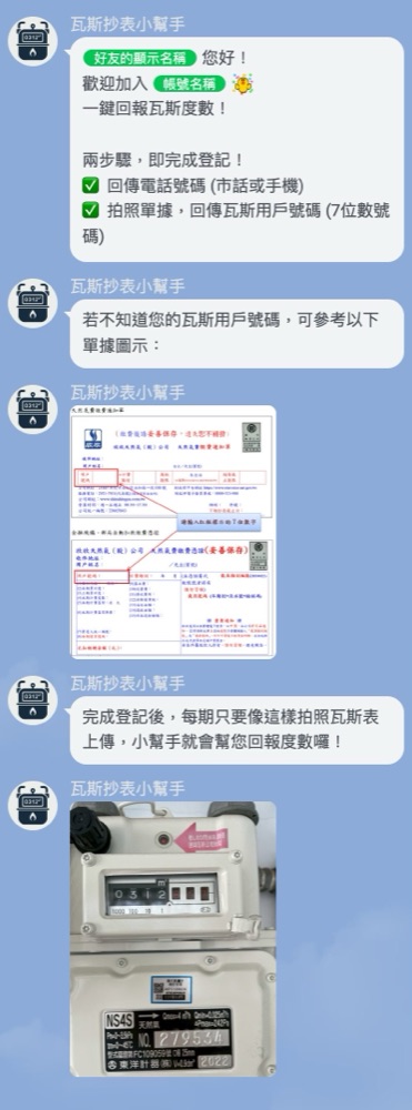 瓦斯抄表小幫手 LINE 對話示意：歡迎訊息、註冊步驟、實際抄表照片